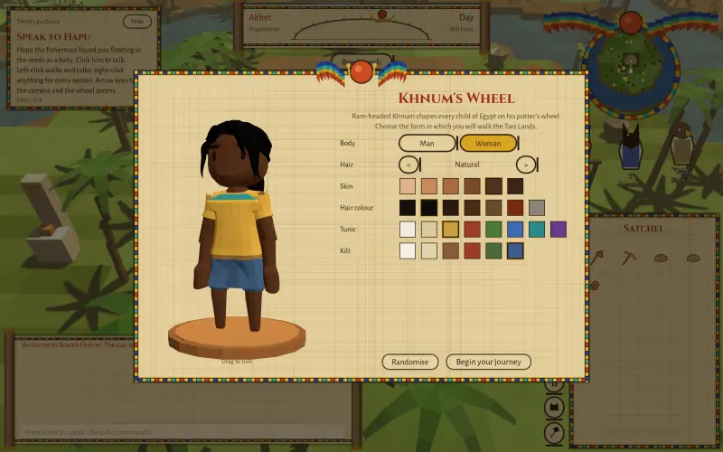 Khnum's Wheel, the character creator, with body, hair, skin and clothing choices