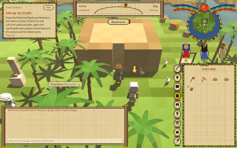 Thoth's guidance scroll telling a new player to speak to Hapu, with a golden arrow over the fisherman