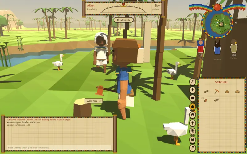 A player swinging a hatchet at a date palm by the river