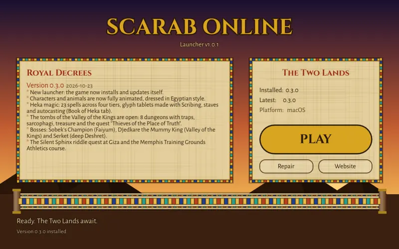 The Scarab Online launcher with patch notes and a large Play button