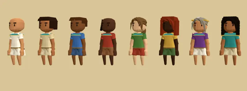 Eight characters side by side in different skin tones, hairstyles and linen colours