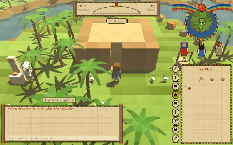 A player among date palms and geese on Reedmarsh, with the papyrus-scroll interface around the screen
